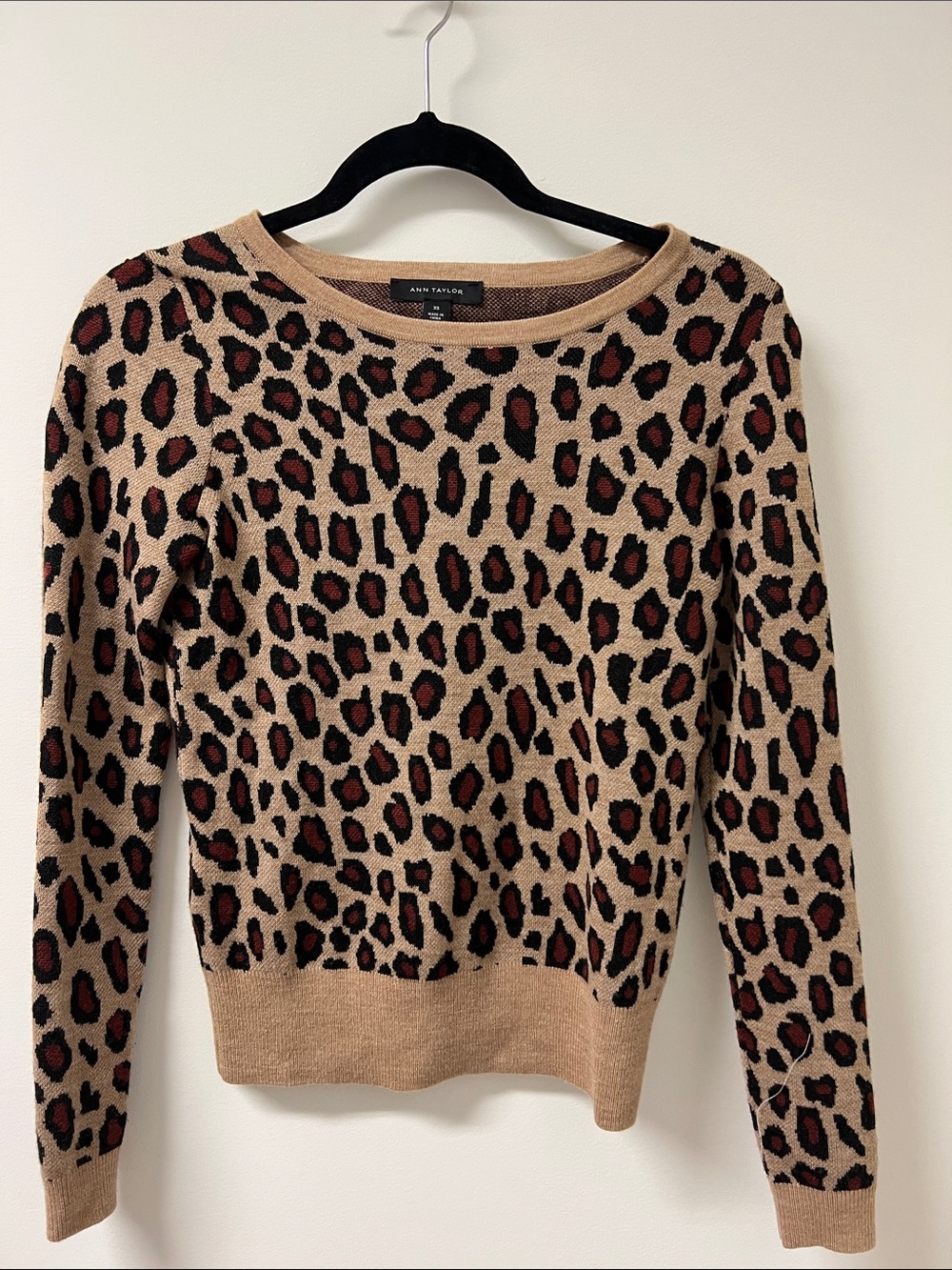 Ann Taylor Beige Leopard-Print Crewneck Sweater with Black and Red Spots